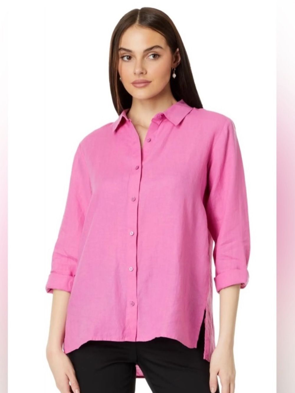 Eileen Fisher Handkerchief Linen Classic Collar Shirt Tulip Pink Womens Medium